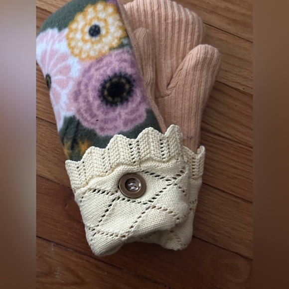 Upcycled Floral Handmade Wool Gloves with Button Detail, Fleece Lined - Picture 1 of 6